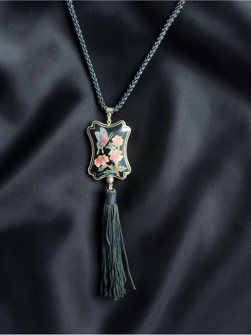 Vintage Black Enamel Cloisonne Pendant Necklace Floral and Butterfly Motif